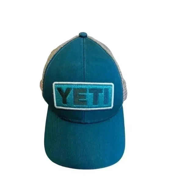 YETI Logo Badge-Low Profile Trucker Hat with Bureo Brim Color: Green/Aquifer Bl - Picture 1 of 5